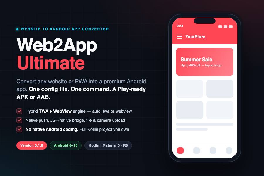 Website to Android App Converter — WebView + TWA, Push, Offline, Ads, JS Bridge